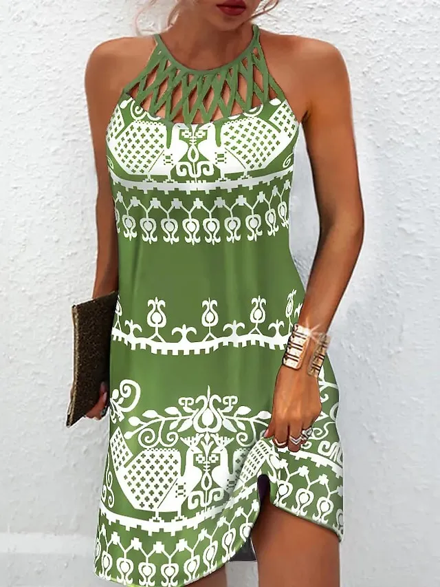 Women's Casual Dress Shift Dress Mini Dress Black Green Dark Blue Sleeveless Floral Ruched Spring Summer Halter Vintage Birthday Daily Ethnic Dress 2023 S M L XL XXL 3XL