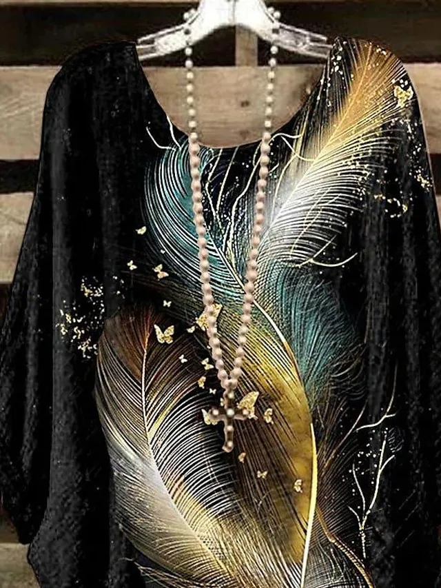 Women's Plus Size Shirt Blouse Black Wine Dark Blue Feathers Print 3/4 Length Sleeve Daily Weekend Vintage Holiday Casual Crew Neck Oversized Dolman Sleeve Summer Spring Fall