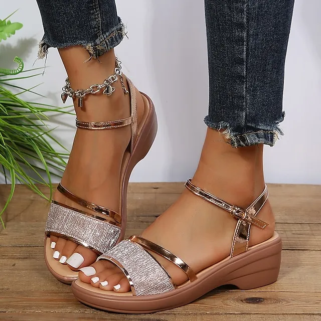 Women's Sandals Wedge Sandals Sparkling Glitter Wedge Heel Open Toe Casual Faux Leather Glitter Ankle Strap Silver Gold