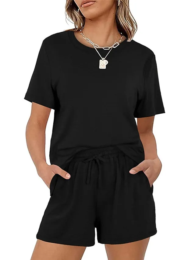 Women's Loungewear Sets Nighty 2 Pieces Pure Color Simple Comfort Home Street Cotton Crew Neck Short Sleeve T shirt Tee Shorts Spring Summer Green Blue