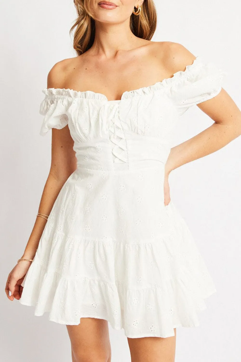 White Fit And Flare Dress Short Sleeve Eyelet Fabric