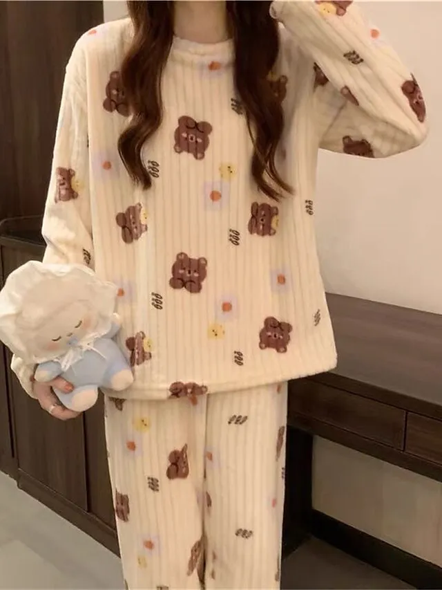 Women's Fleece Loungewear Sets Fluffy Pajama Fuzzy 2 Pieces Bear Peach Fashion Casual Comfort Street Daily Date Polyester Warm Crew Neck Long Sleeve Pant Fall Winter Lotus Pink Black