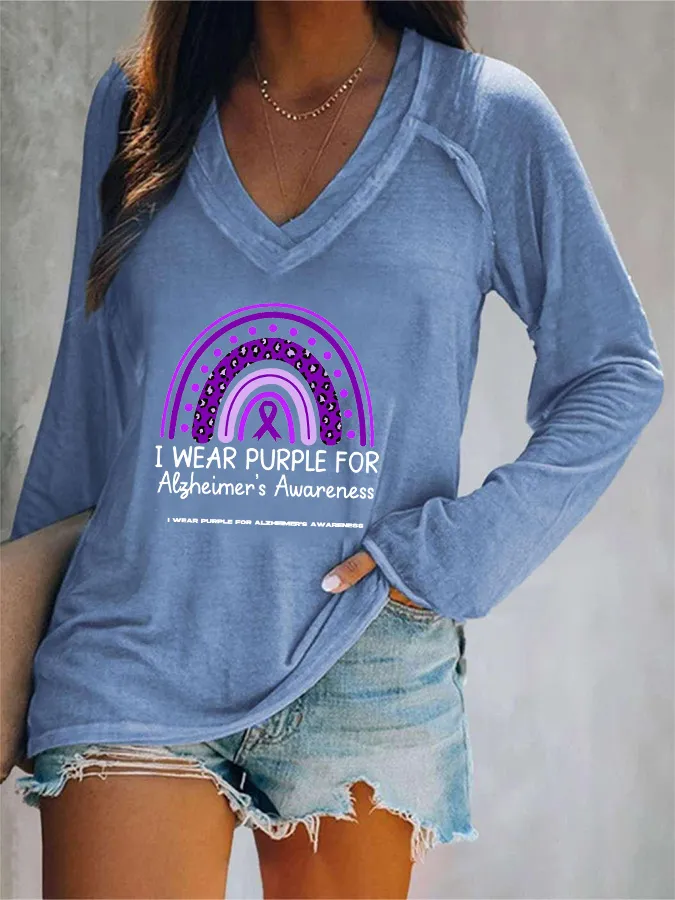 Women'S I Wear Purple For Alzheimer'S Awareness V-Neck T-Shirt