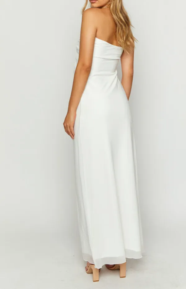 Deep V-Neck White Flowy Maxi Dress