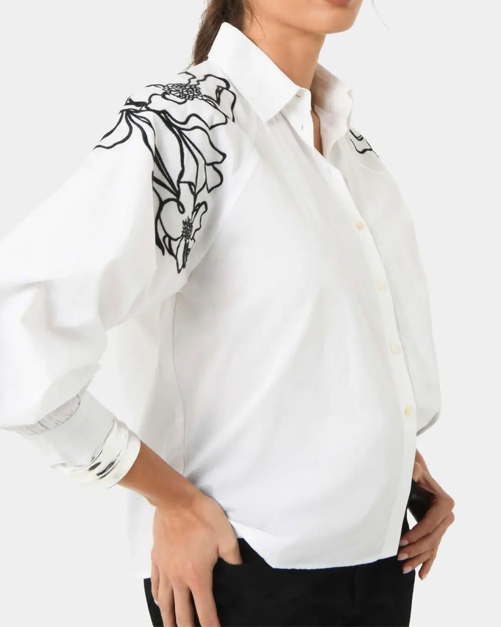 Button-down Front Closure Embroidered Cotton Shirt