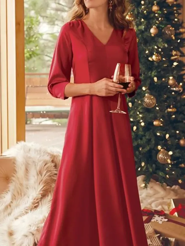 Christmas Elegant Plain V Neck 3/4 Sleeve A-Line Midi Dress