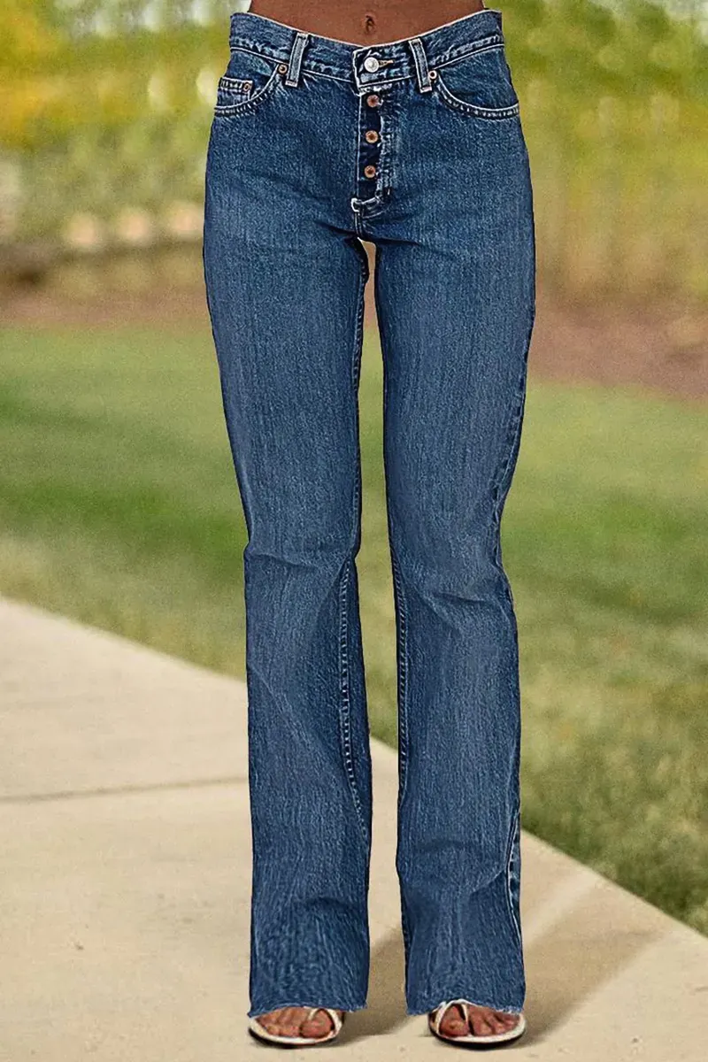 Button Fly Mid Waist Straight Leg Jeans