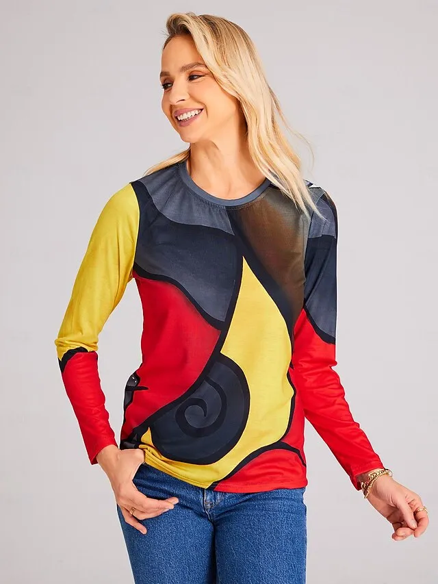 Women's Plus Size T shirt Tee Graphic Geometric Casual Holiday Red Blue Gray Print Long Sleeve Vintage Ethnic Round Neck Fall & Winter