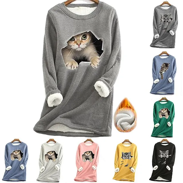 Women's Plus Size Sweatshirt Pullover Cat Teddy Sherpa Fleece Denim Blue Black White Street Casual Round Neck Long Sleeve Top Micro-elastic Fall & Winter