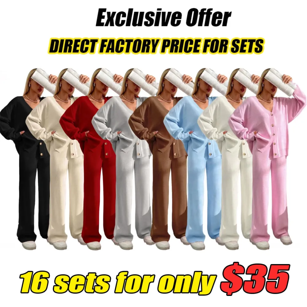 Women's Solid Color Off-Shoulder V-Neck Cardigan & Wide-Leg Pants 2-Piece Loungewear Set