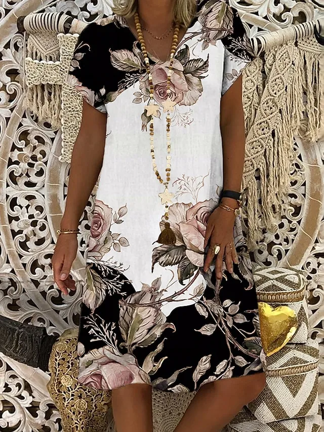 Women's Casual Dress Shift Dress Midi Dress White Blue Green Short Sleeve Flower Print Summer Spring V Neck Basic Vacation Summer Dress 2023 S M L XL XXL 3XL