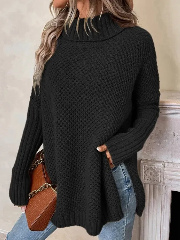 Turtleneck Drop Shoulder Split Hem Sweater
