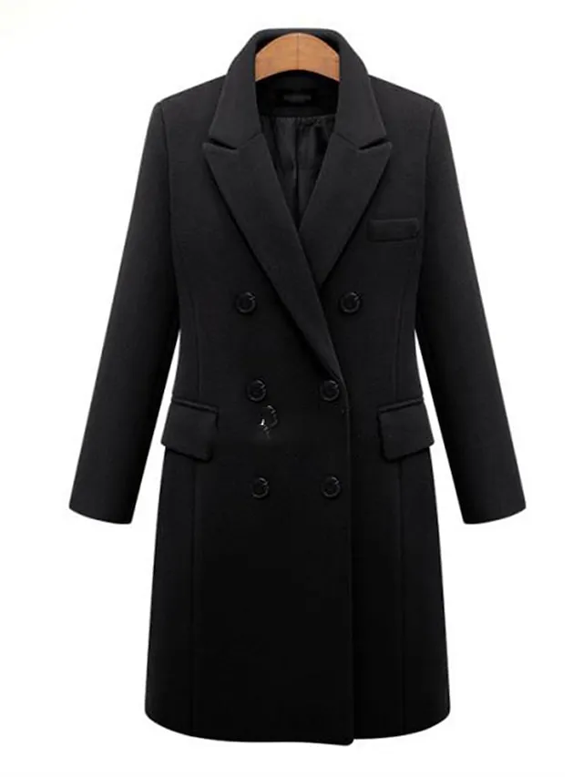 Women's Overcoat Fall Double Breasted Long Coat Thermal Warm Windproof Trench Coat Winter Coat Pea Coat Daily Wear Vacation Stylish Chic & Modern Jacket Long Sleeve Slim Fit Black