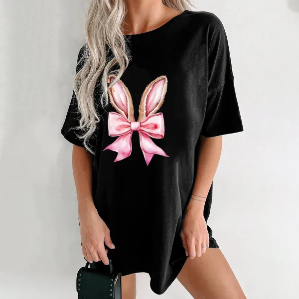 A Cartoon Pink Bunny Ears And Pink Bow Combination Pattern, Cute, Casual T-Shirt