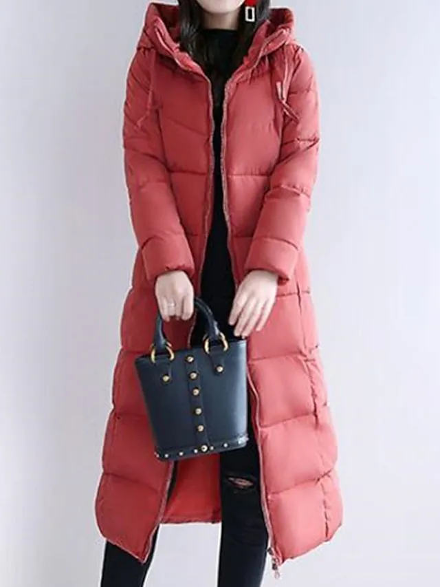 Women's Puffer Jacket Winter Jacket Winter Coat Hoodie Jacket Street Daily Valentine's Day Fall Winter Long Coat Regular Fit Warm Breathable Casual Jacket Long Sleeve Solid Color Full Zip Black Dusty