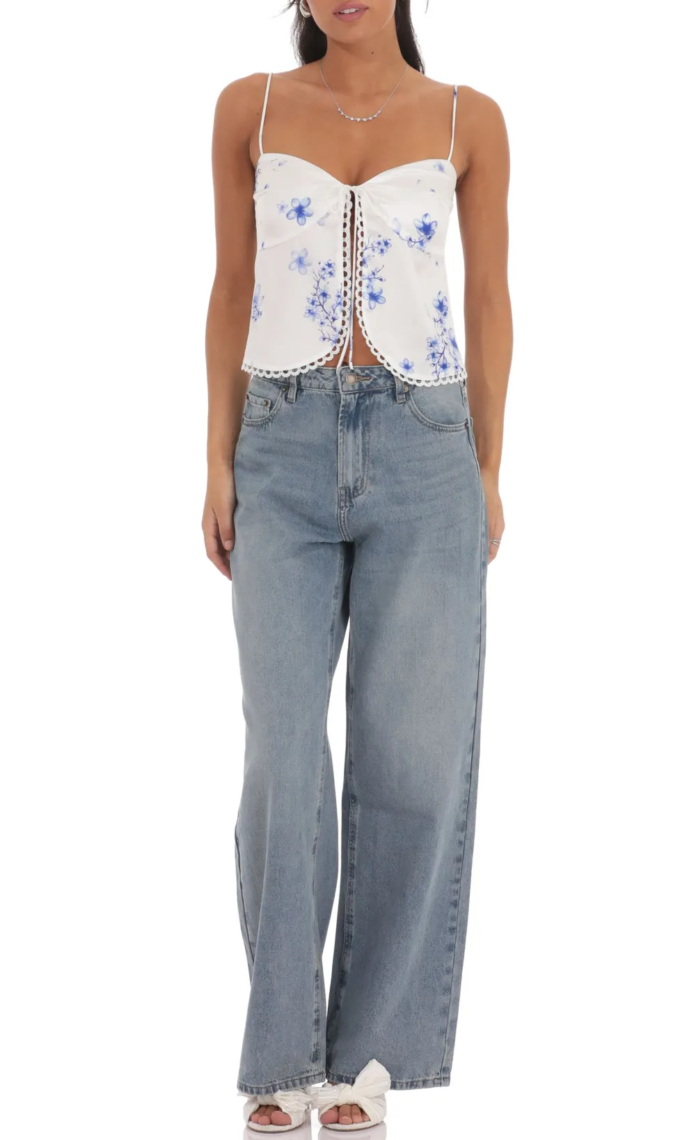 Floral Front Tie Vest Top in White