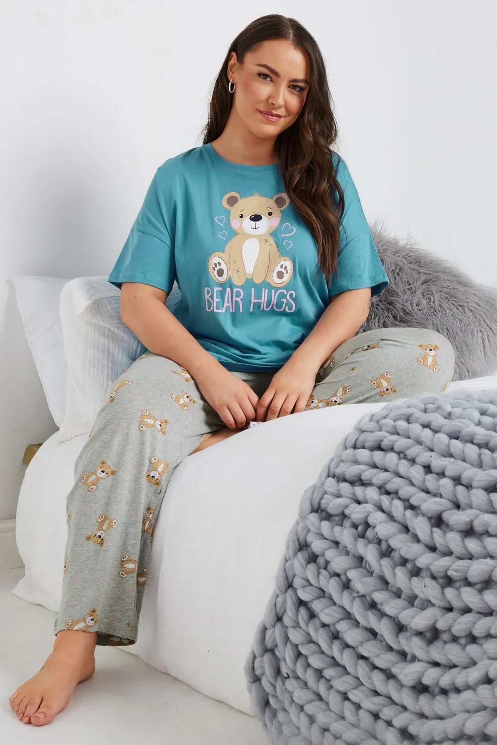 YOURS Curve Blue 'Bear Hugs' Wide Leg Pyjama Set