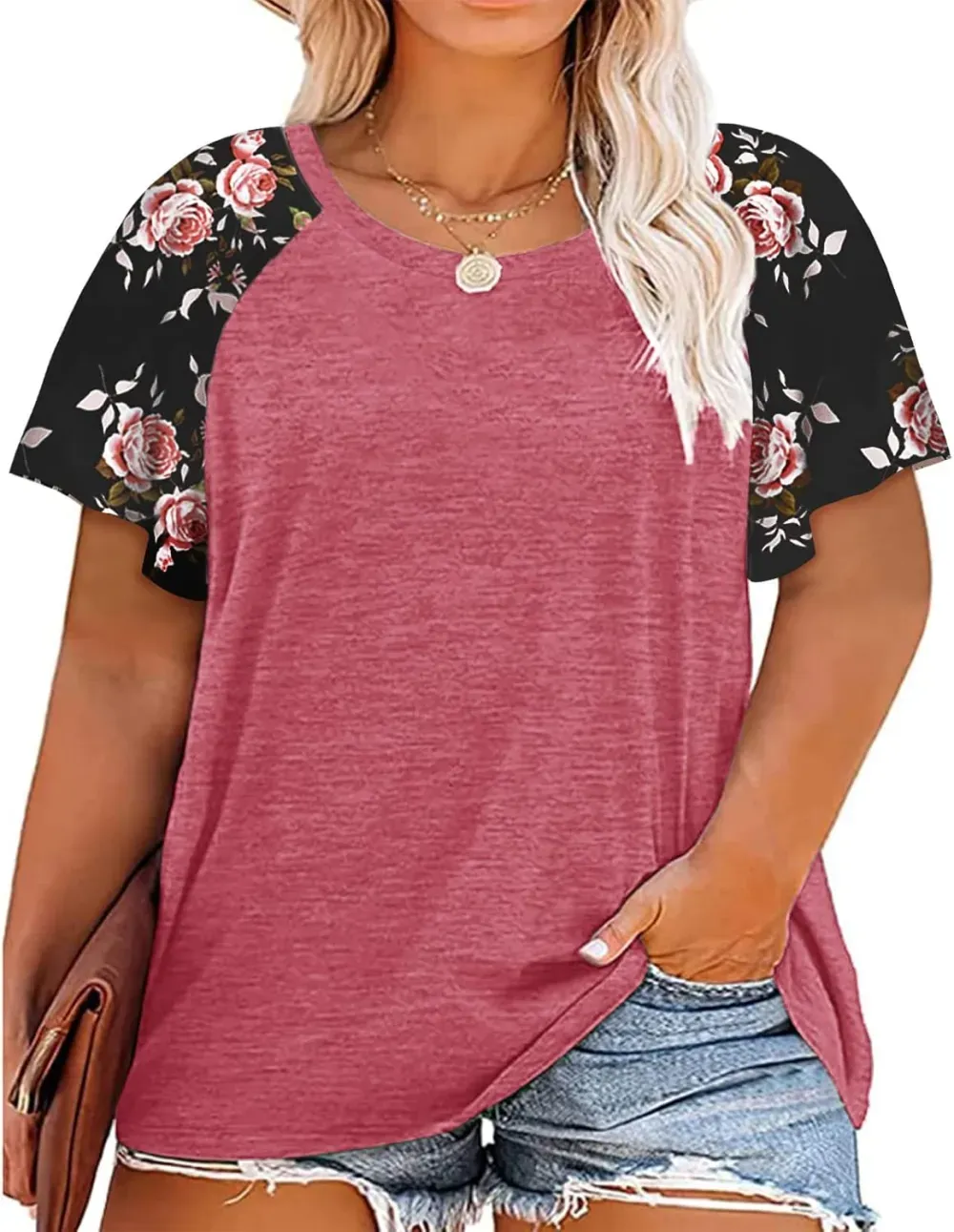 HDLTE Womens Plus Size Tops Floral Bell Sleeves Blouses Summer Crewneck Tunic Loose Casual T Shirts