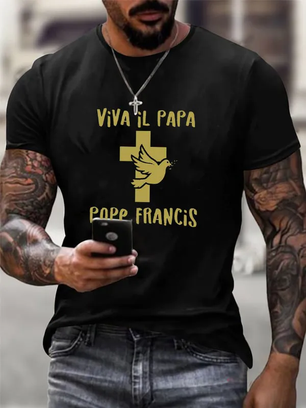 Men's Viva Il Papa Print Short Sleeve Round Neck Cotton T-Shirt