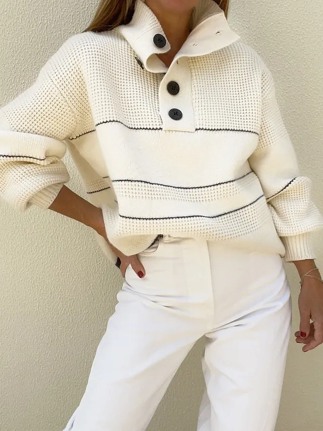 Women's Pullover Sweater Jumper Turtleneck Half Zip Crochet Knit Acrylic Button Summer Fall Outdoor Daily Going out Stylish Casual Soft Long Sleeve Solid Color Beige S M L