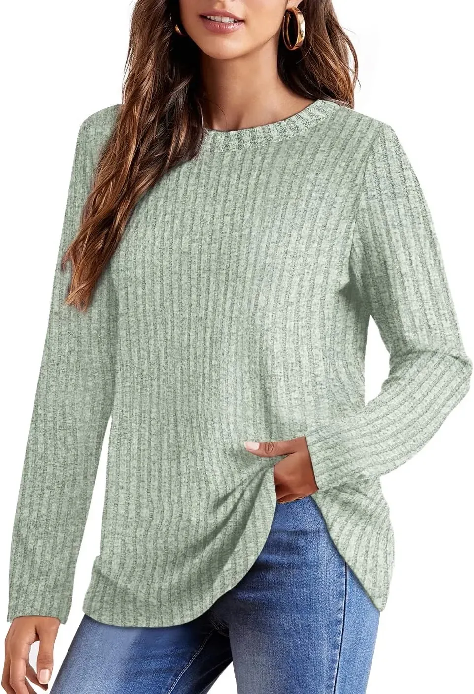 OFEEFAN Long Sleeve Shirts for Women Lightweight Crew Neck Casual Tunic Tops