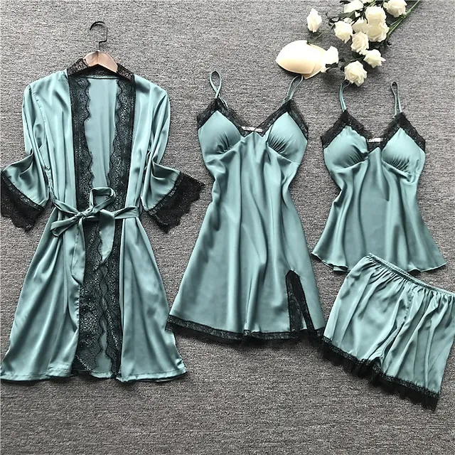 Women's Lace Satin Silk Pajamas Sets 4 Pcs Home Party Daily St.Patrick's Day Elastic Waist Pure Color Satin Simple Casual Soft Strap Top Shorts Fall Winter Spring Strap Short Sleeves Long Sleeve