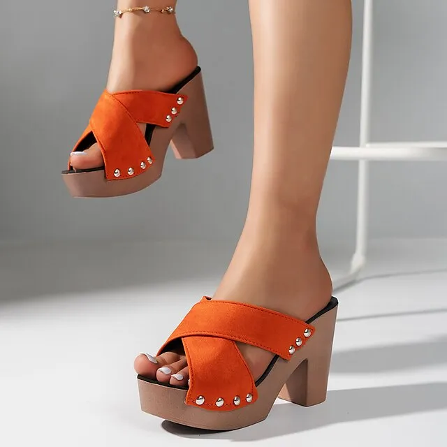 Women's Sandals Block Heel Sandals Outdoor Slippers Corkys Sandals Outdoor Daily Summer Chunky Heel Open Toe Casual Minimalism Suede Loafer Solid Color Black Orange Green