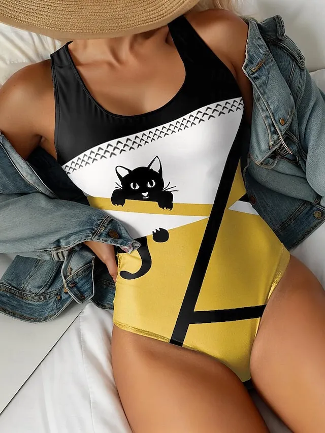 Women's Swimwear One Piece Normal Swimsuit Printing Cat Black Yellow Red Blue Sky Blue Bodysuit Bathing Suits Sports Beach Wear Holiday