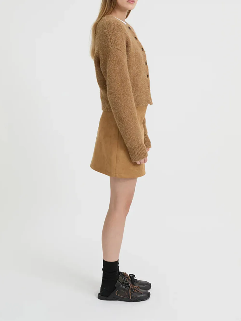 Casual Style Crew Neck Cardigan Camel