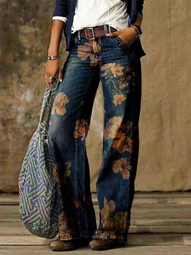 Women's Wide Leg Pants Trousers Faux Denim Blue red Blue pink Blue khaki Mid Waist Fashion Casual Wide Leg Print Micro-elastic Full Length Comfort Flower / Floral S M L XL 2XL