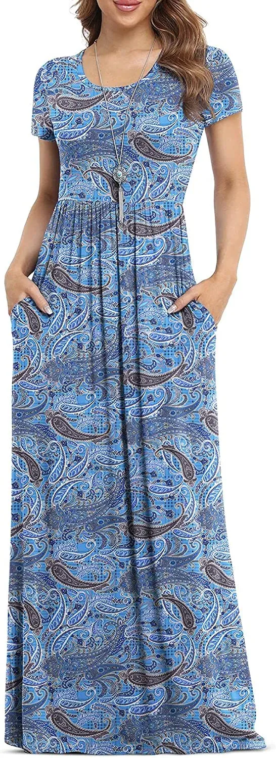 Women's Short Sleeve Loose Plain Maxi Dresses Casual Long Dresses with Pockets