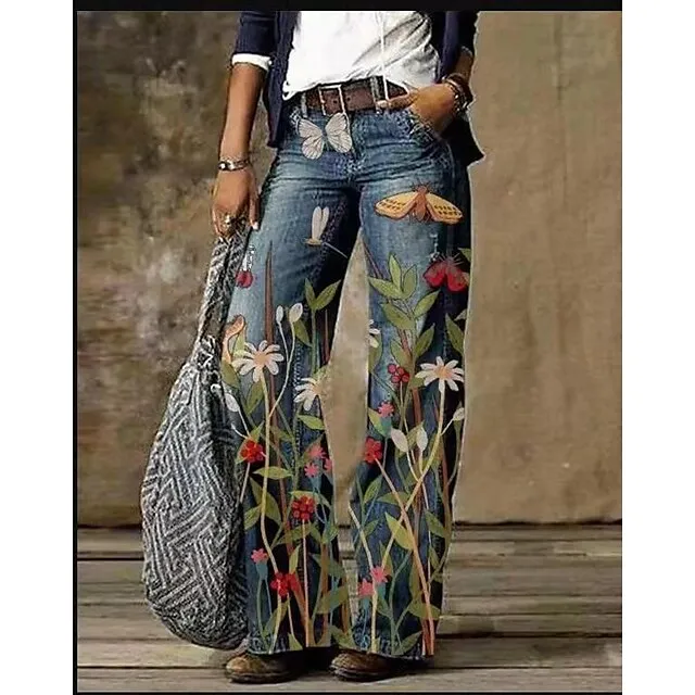 Women's Jeans Bootcut Wide Leg Full Length Faux Denim Side Pockets Wide Leg High Elasticity Mid Waist Fashion Casual Weekend 1 2 S M