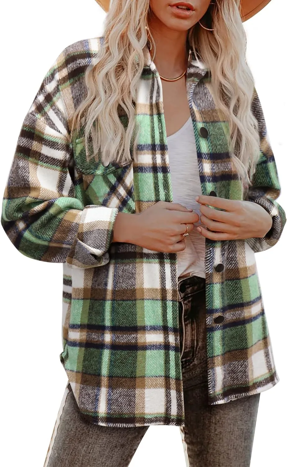 Women's Flannel Plaid Shacket Long Sleeve Button Down Chest Pocketed Shirts Jacket Coats
