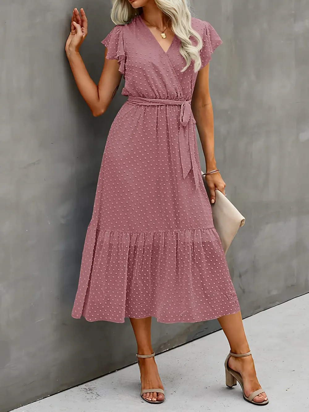 Women Summer Bohemian Floral Casual Wrap V Neck Ruffle Cap Sleeveless Belt A-Line Pleated Hem Swing Midi Sun Dress