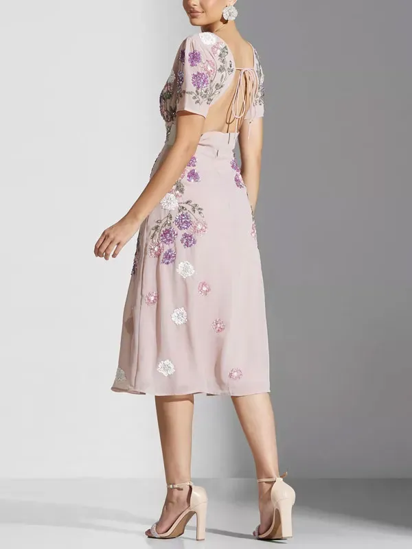 Floral Embroidered Open Back Dress