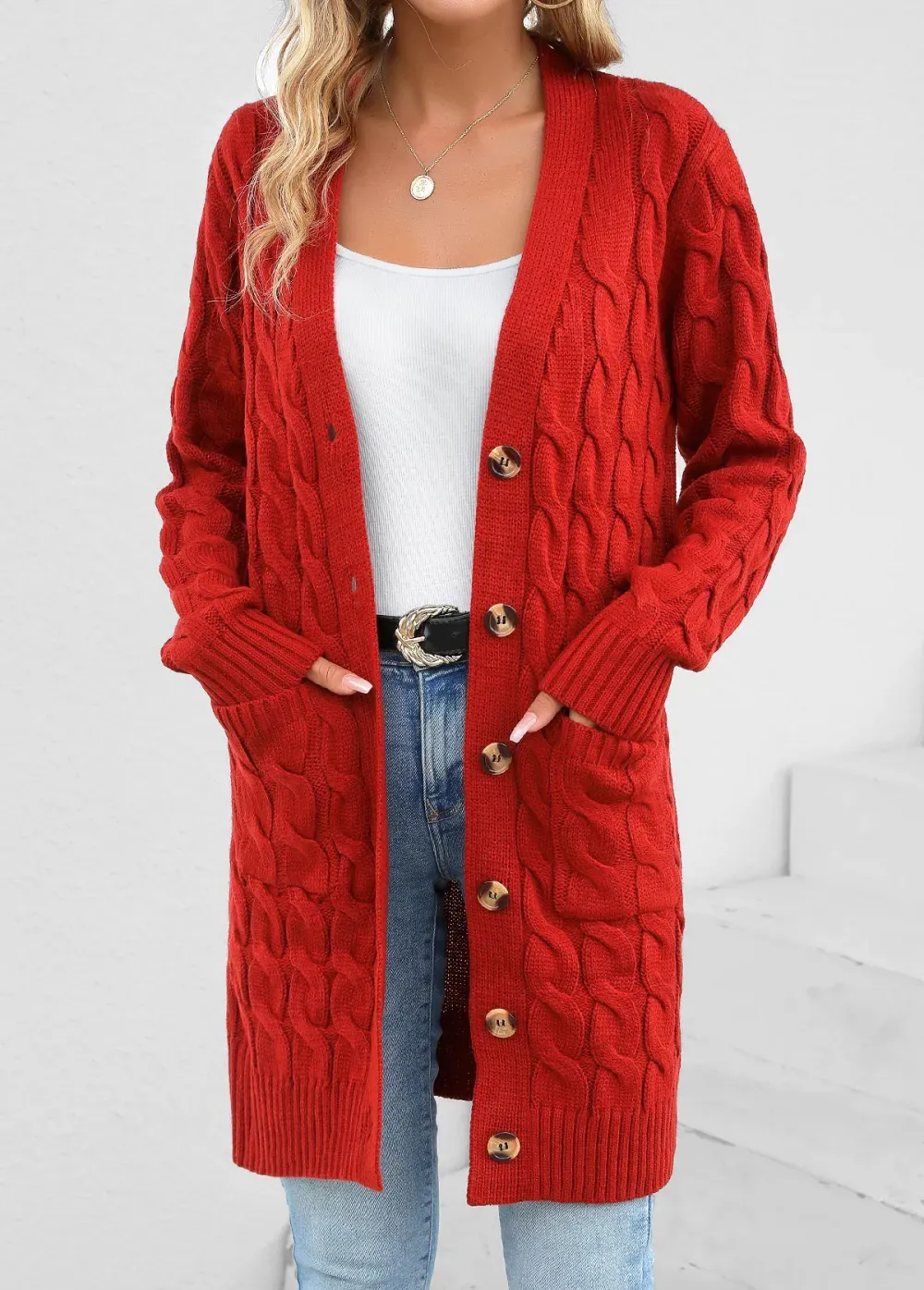 Red Pocket Long Sleeve V Neck Cardigan