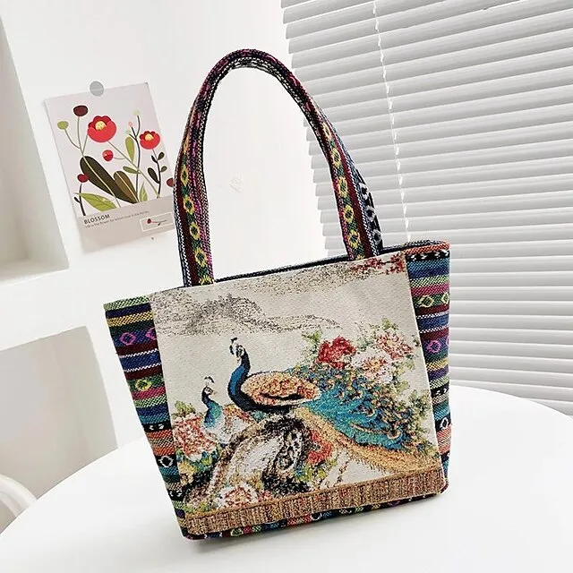 Women's Girls' Tote Polyester Daily Office & Career Cartoon Artwork Floral Print Rabbit Peacock blue striped kitten