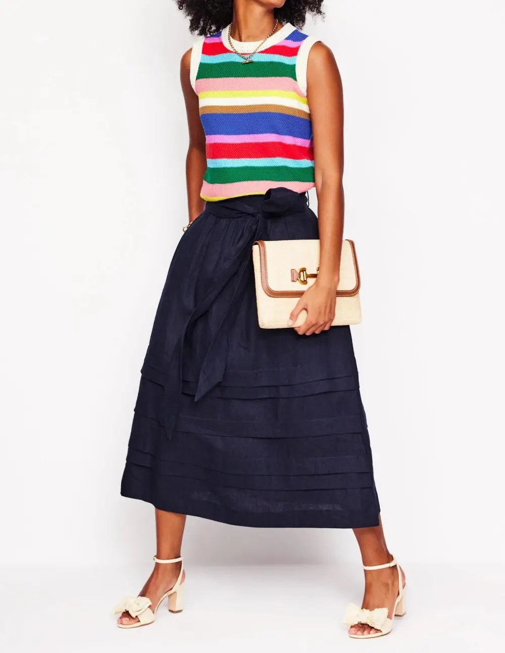 Navy Blue Tiered Belted Midi Skirt