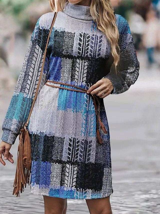 Women's Sweater Dress Knit Dress Jumper Dress Mini Dress Knitwear Warm Vacation Plaid Outdoor Daily Vacation Going out Turtleneck Long Sleeve 2023 Loose Fit Yellow Blue Green S M L XL XXL 3XL