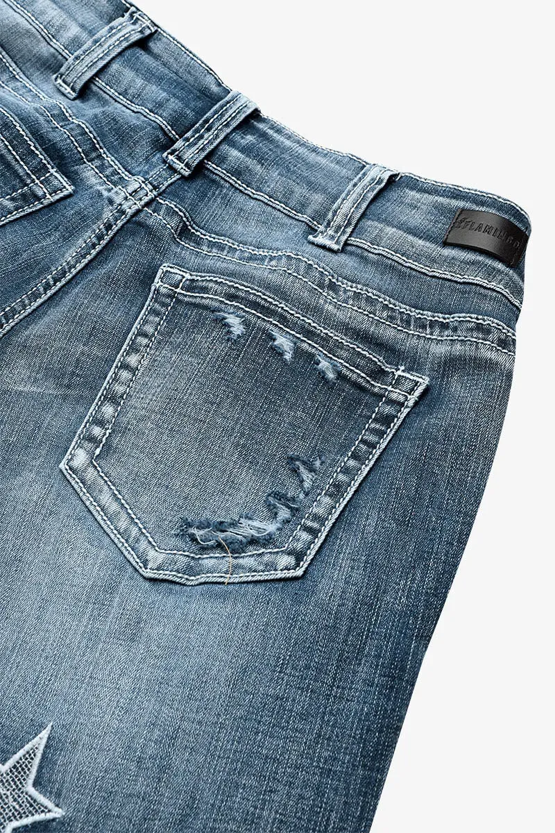 Star & Moon Pattern Button Front Mid Rise Bootcut Jeans