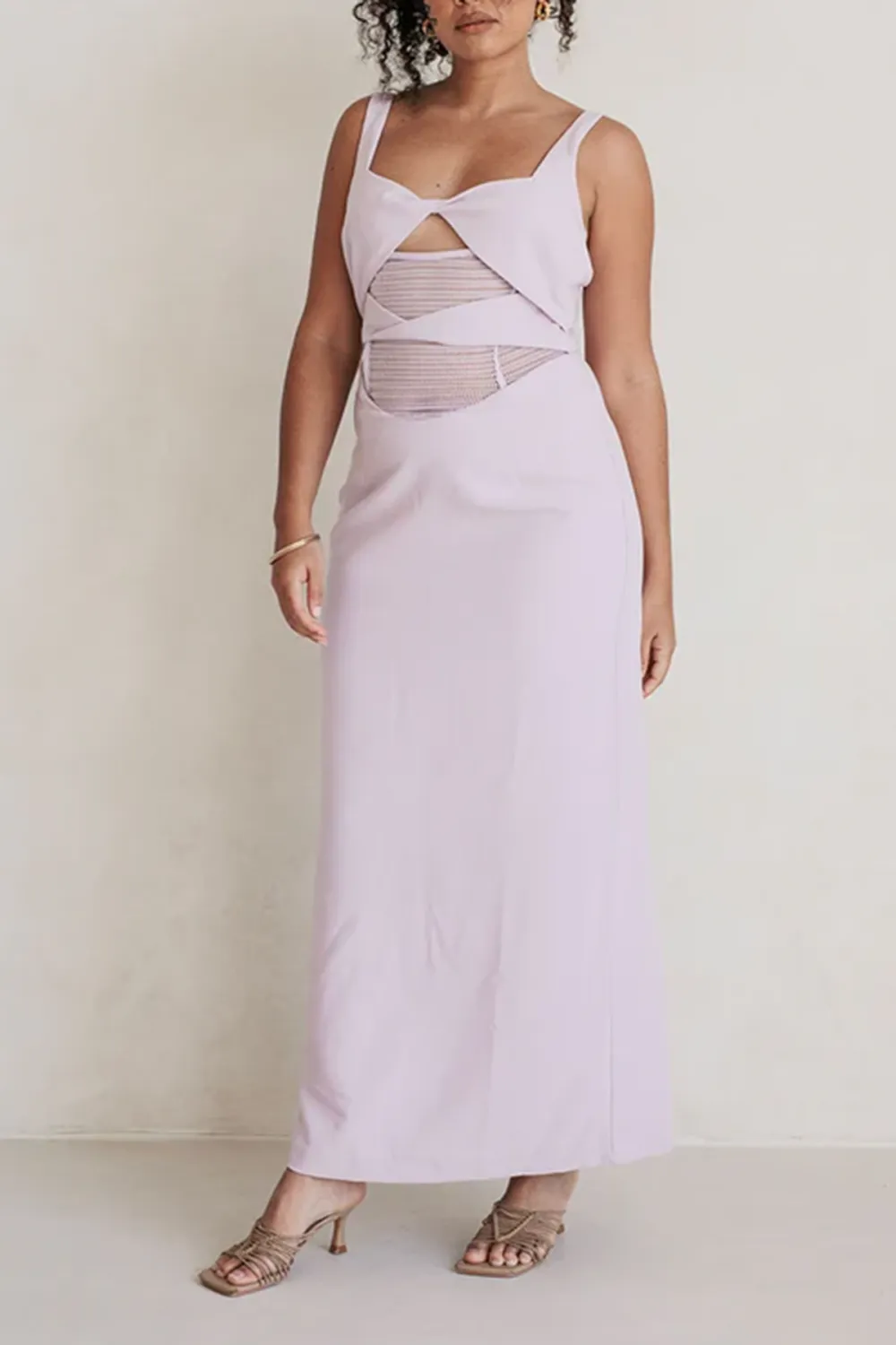 Square Neck Mesh Panel Midi Dress