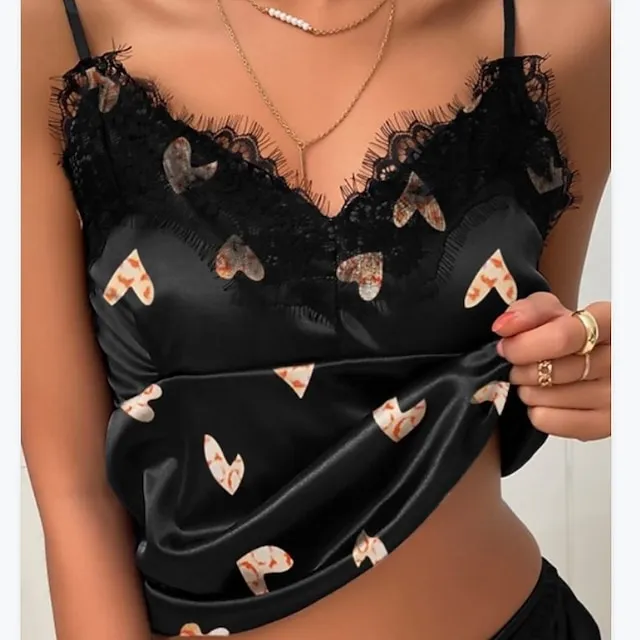 Women's Pajamas Sets Nighty Pjs 2 Pieces Heart Letter Gothic Fashion Hot Home Bed Satin Breathable Gift V Wire Sleeveless Strap Top Shorts Elastic Waist Spring Summer Pink Red / Silk