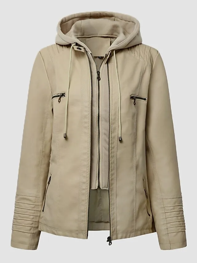 Women's Faux Leather Fall Hoodie Moto Biker Hoodie Jacket Windproof Warm Pocket Sports Solid Color Maillard Outerwear Long Sleeve Winter Fall Black Camel Red Street Casual Daily  M L XL