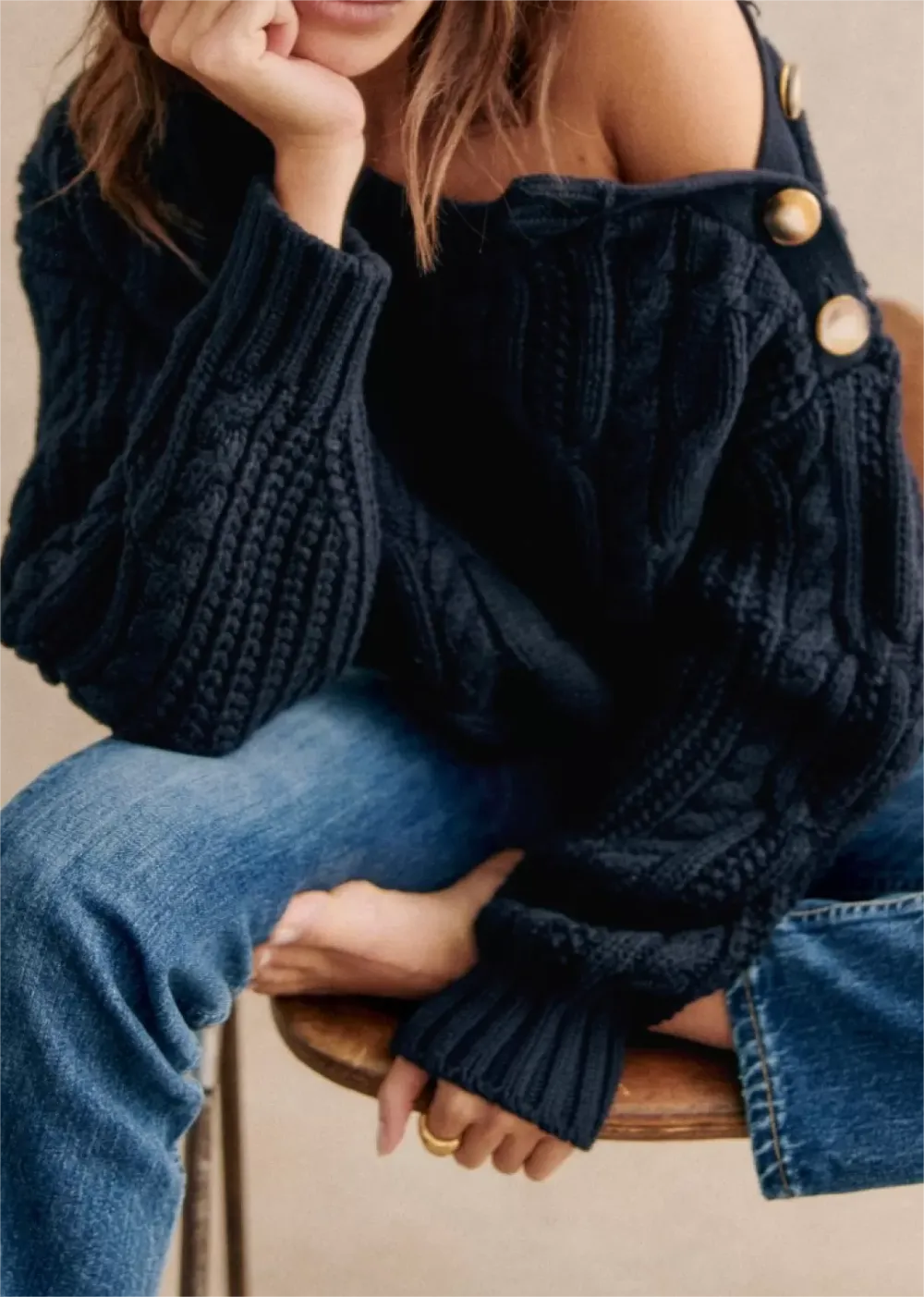 Button Detail Navy Chunky Sweater