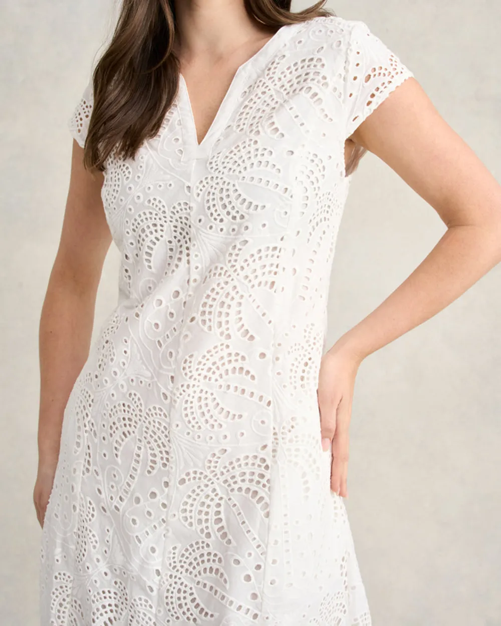 V Neck Short Sleeve Eyelet Midi Dress
