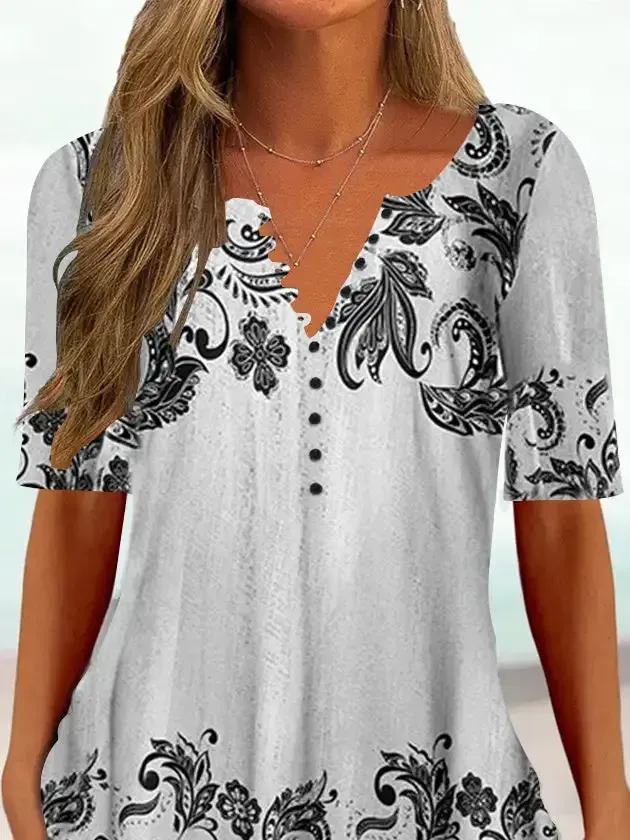 Women Half Sleeve V-neck Floral Printed Tops