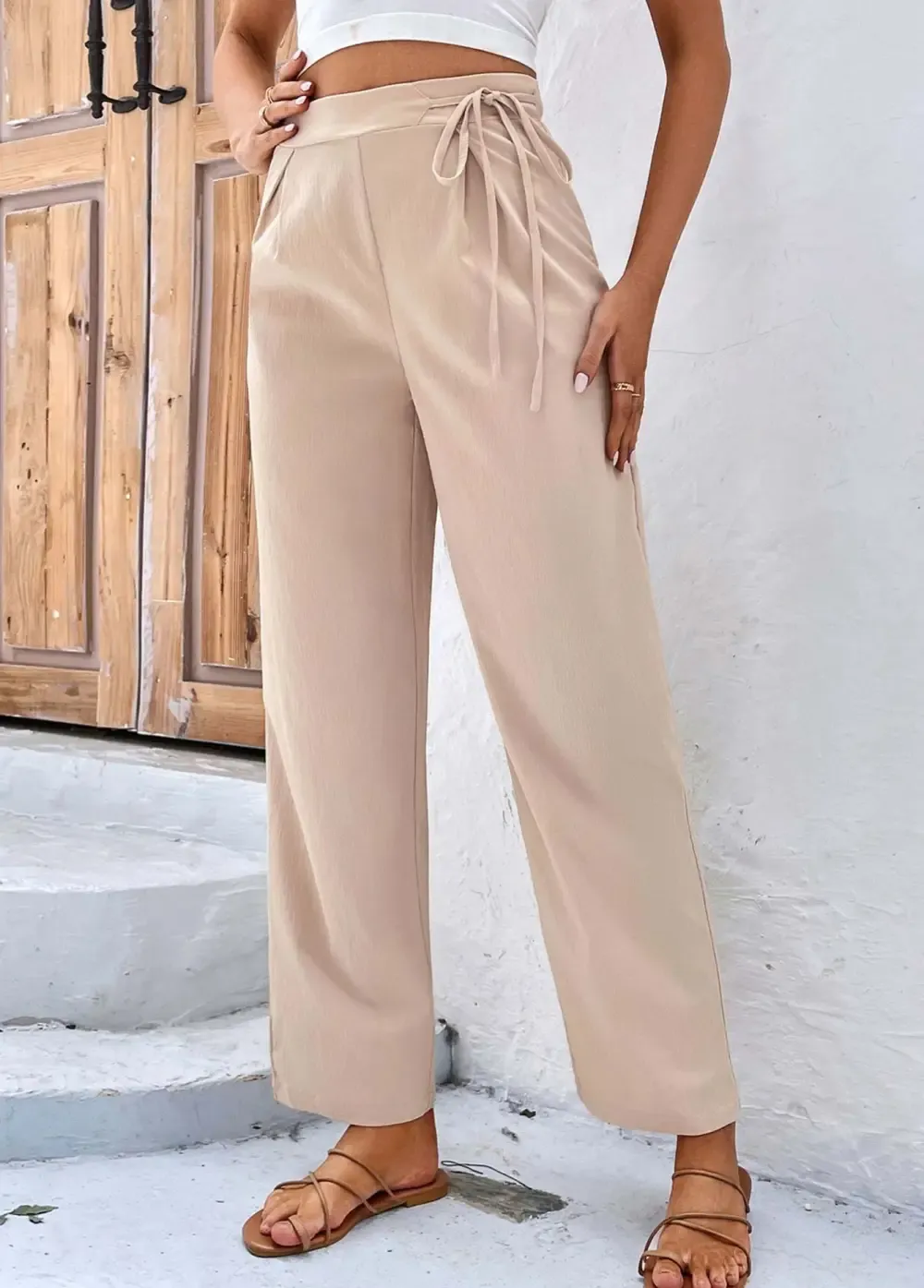 Light Coffee Bowknot Drawastring High Waisted Pants