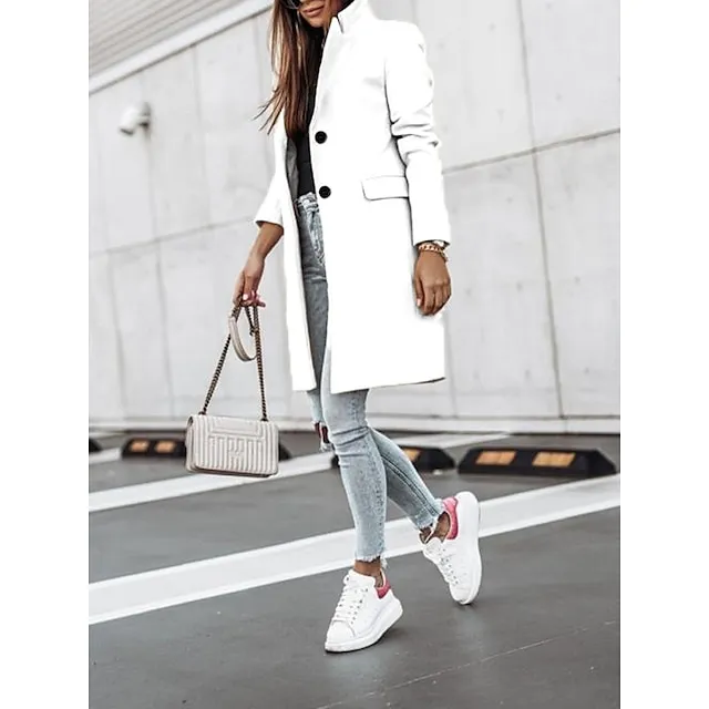 Women's Winter Coat Long Overcoat Fall Stand Collar Trench Coat Warm Windproof Pea Coat with Pockets Formal Stylish Casual Street Jacket Long Sleeve Black White Khaki