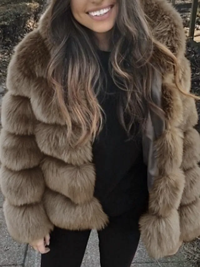 Women's Faux Fur Coat Regular Oversized Coat Sapphire Black Wine Dark Green khaki Party Party Fall Hoodie Regular Fit S M L XL XXL 3XL / Daily