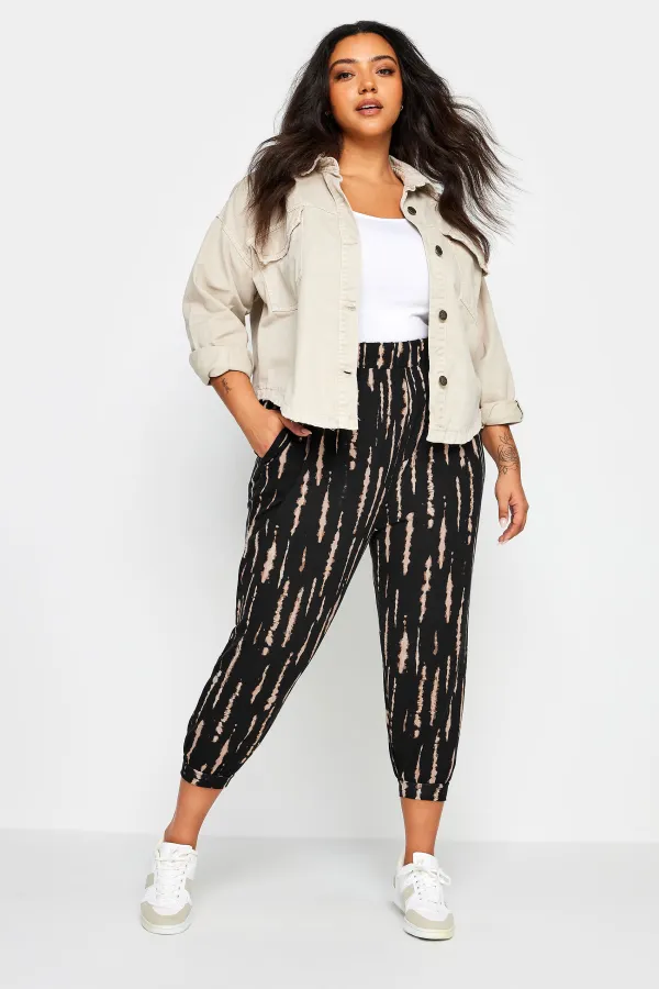 YOURS Curve Beige Brown Leaf Print Cropped Harem Trousers